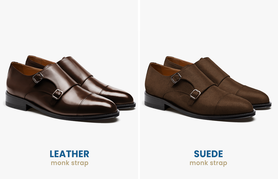 leather vs. suede monk strap shoes