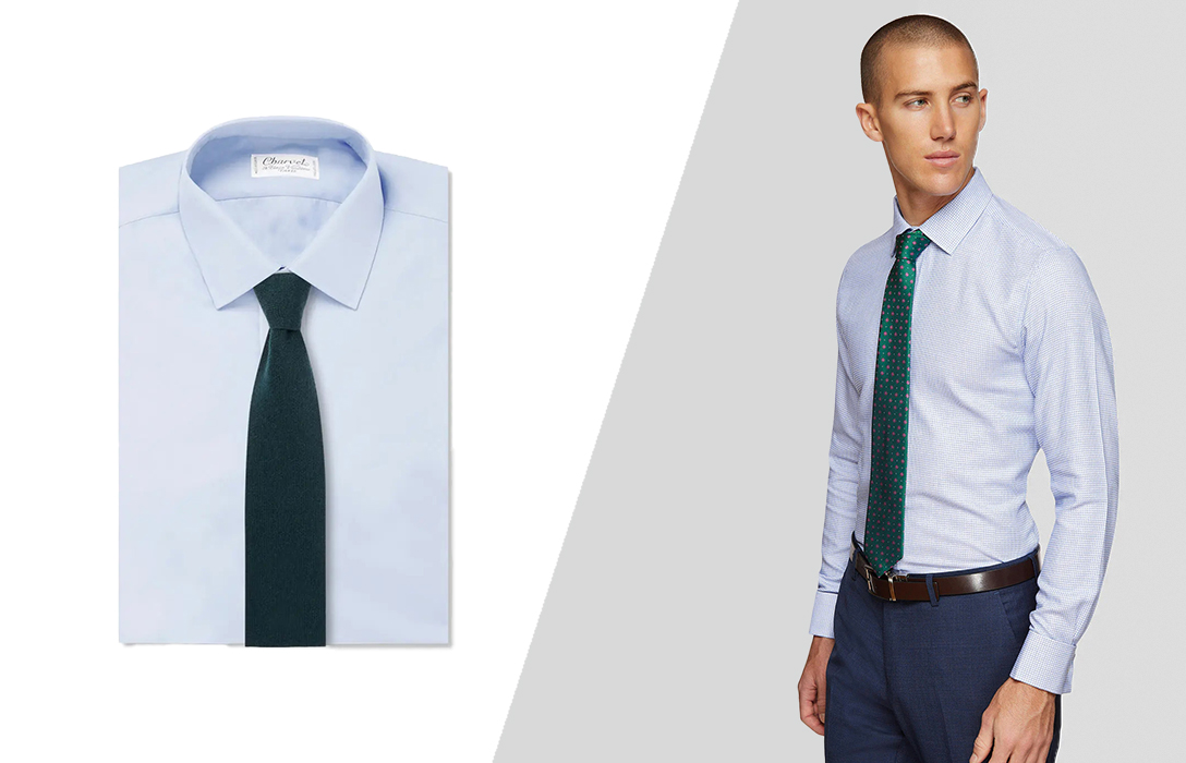 light blue shirt and green tie