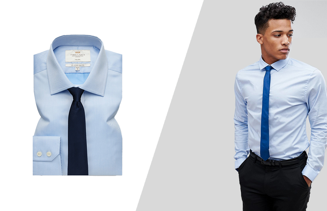 light blue shirt and navy blue tie