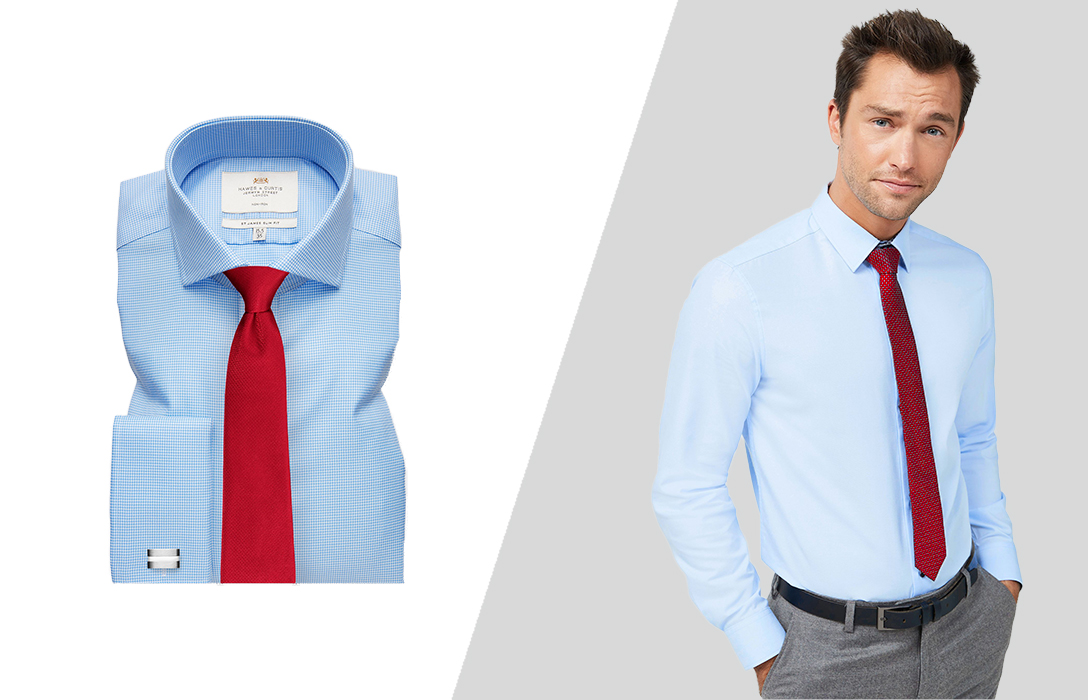 blue shirt and red tie