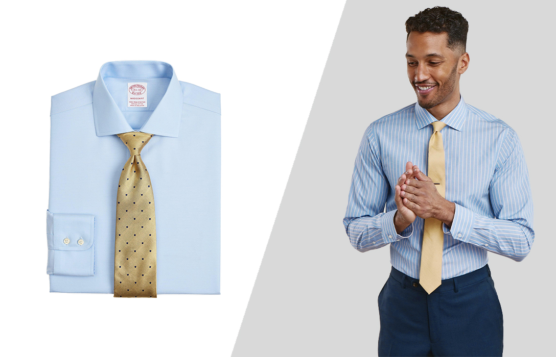 light blue shirt and yellow/gold tie