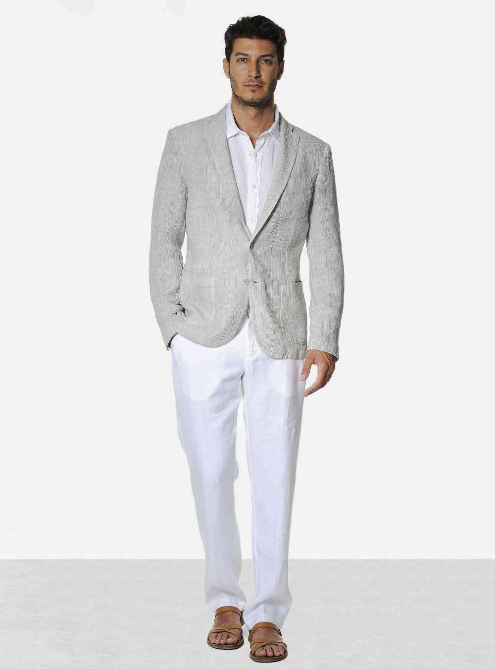 linen blazer, shirt, and pants