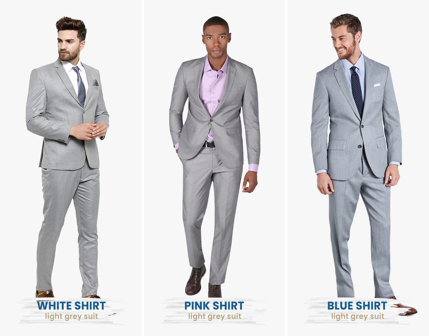 Light grey suit color combinations with different shirt colors
