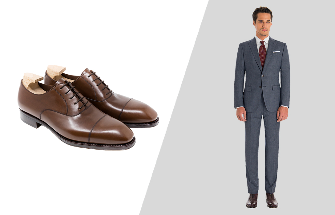 match brown Oxfords with grey suit for semi-formal settings
