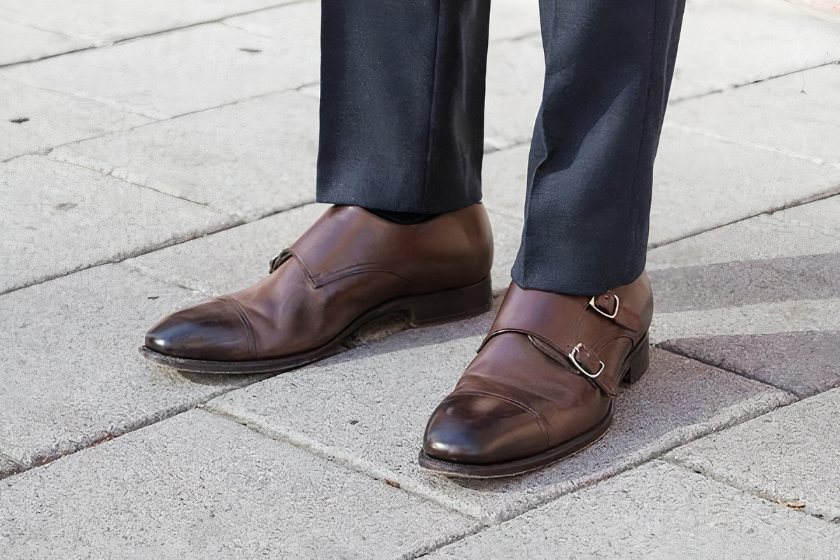 matching charcoal grey pants and dark brown shoes