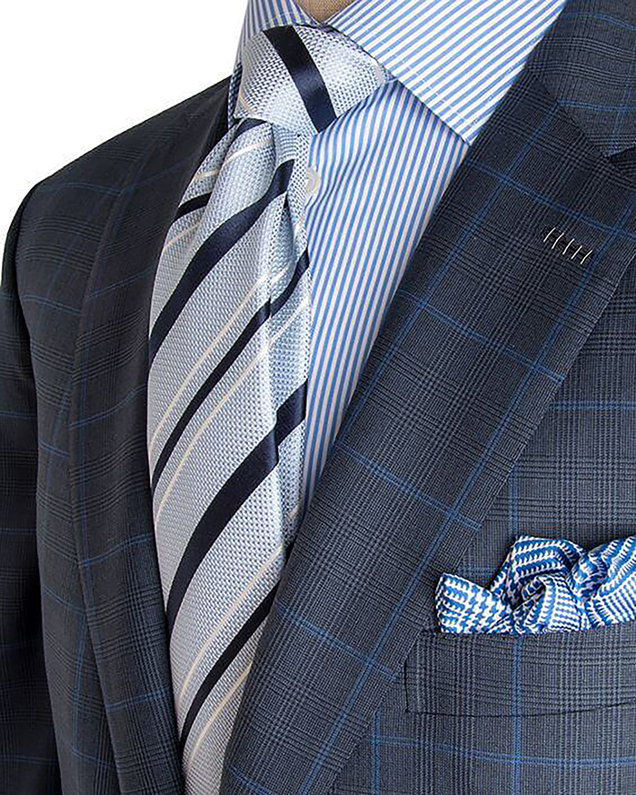 matching a grey/blue striped tie with a blue striped shirt