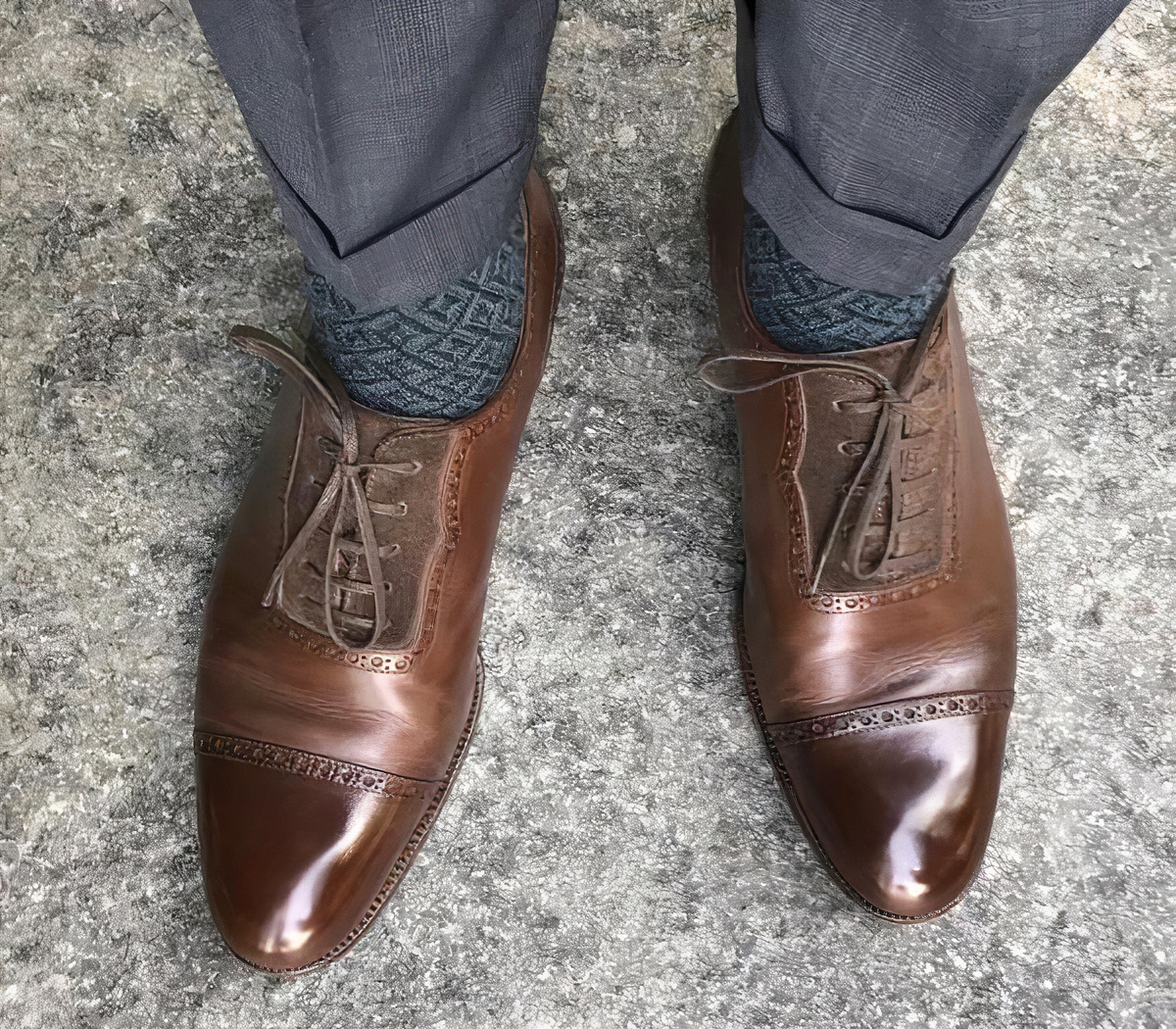 matching medium grey pants and brown shoes