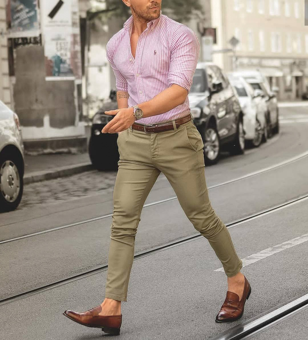 matching pink dress shirt with khaki pants and brown loafers