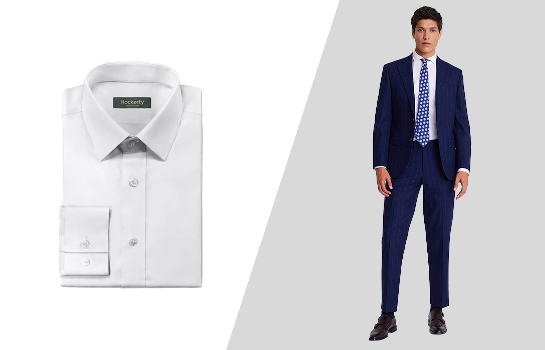Matching a white dress shirt with a navy suit