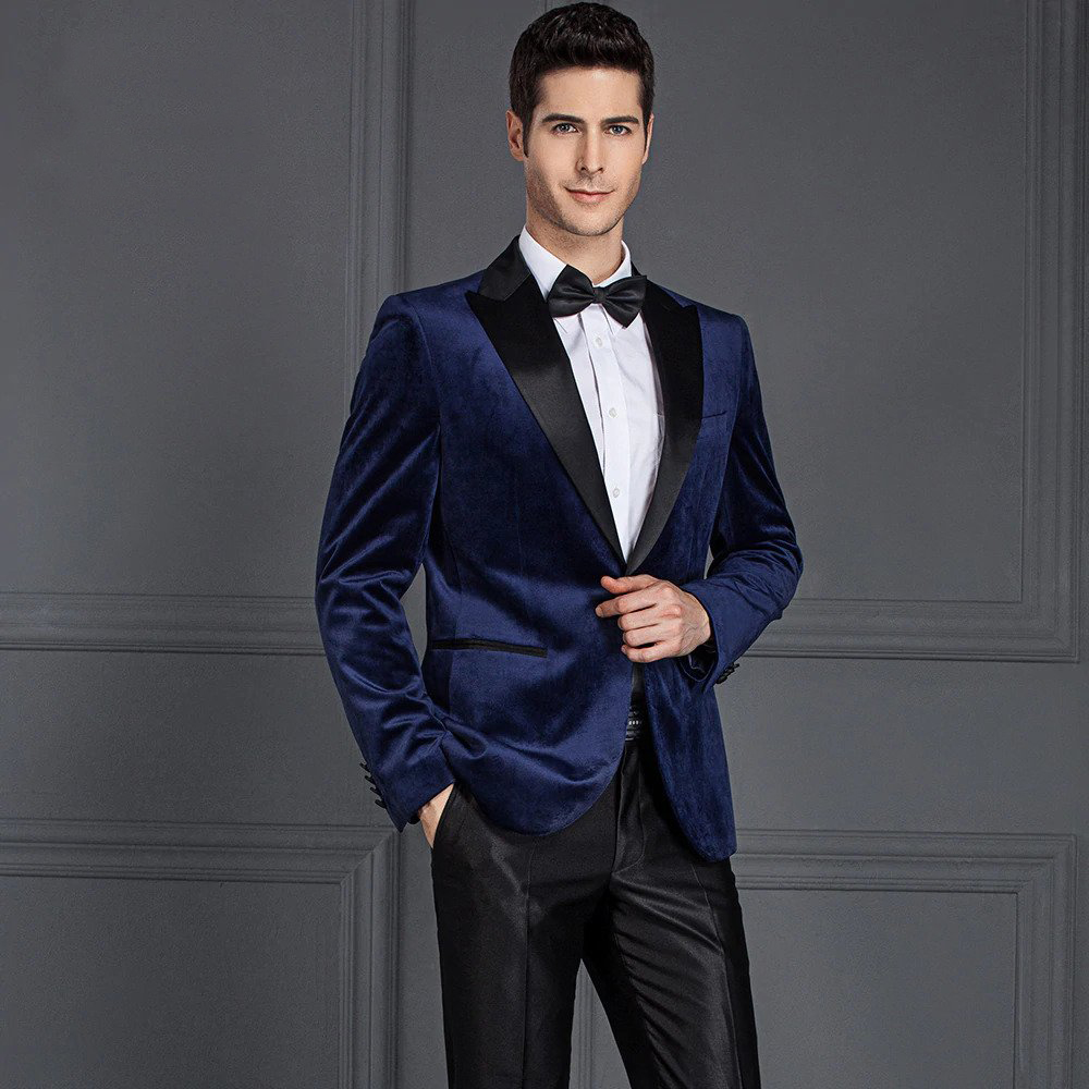 midnight blue tuxedo jacket with black pants, white shirt, and black bow tie