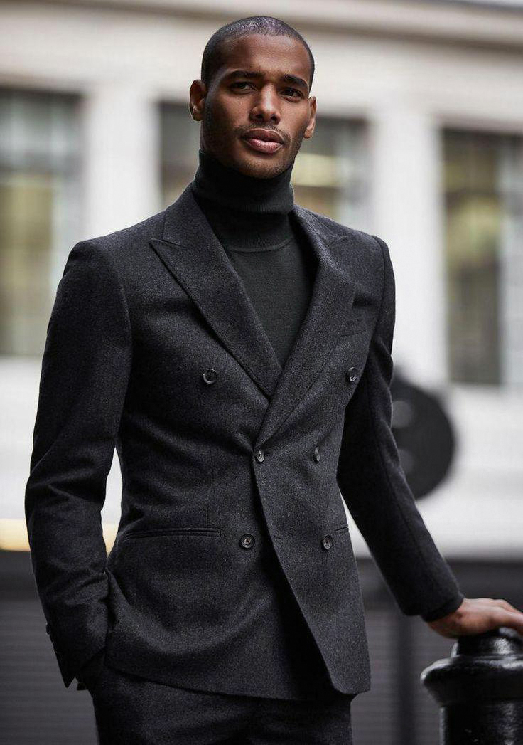 monochromatic double-breasted dark grey suit and turtleneck