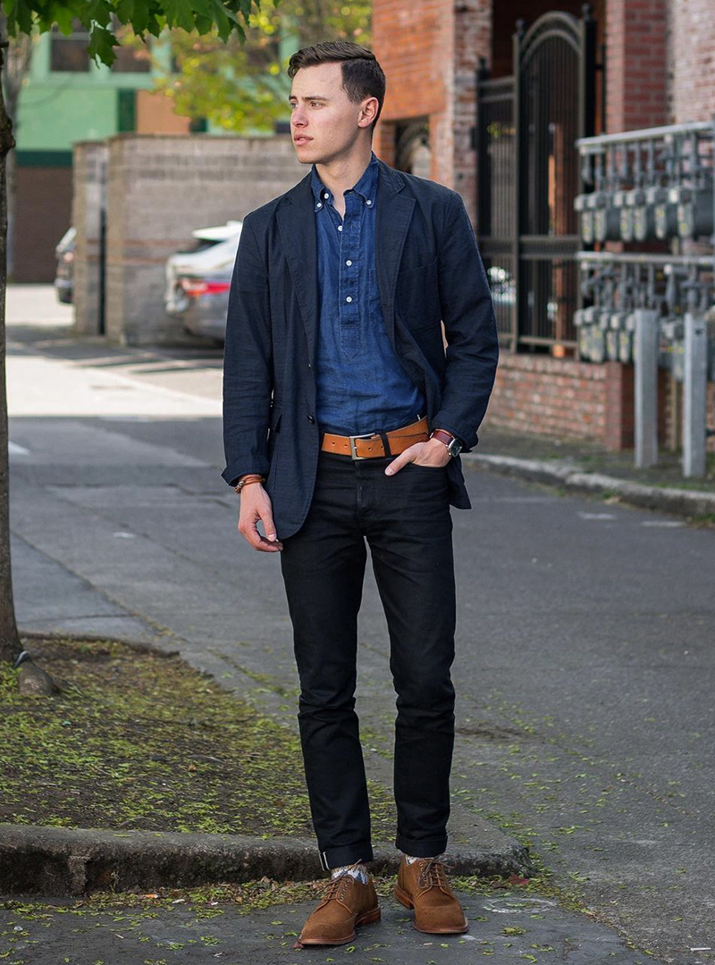 navy blazer, blue chambray shirt, black jeans, and brown suede shoes