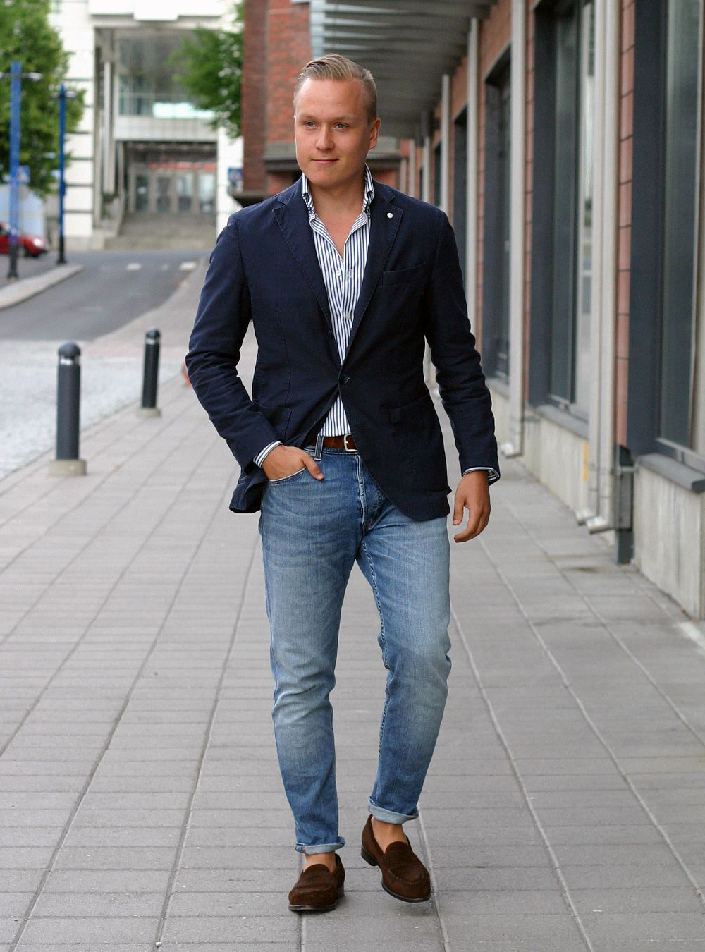 navy blazer, blue striped shirt, blue jeans, and brown suede loafers