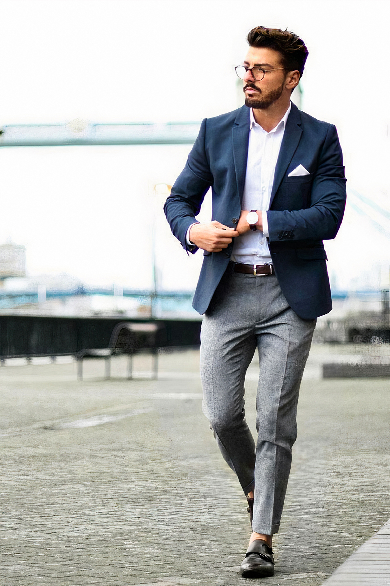 Navy blazer, white dress shirt, grey trousers, and black monk straps