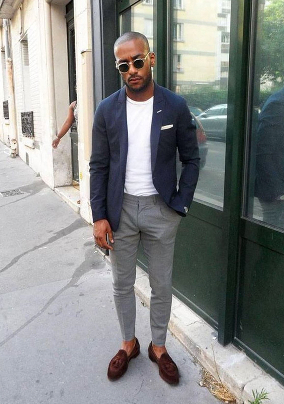 Navy blazer, white t-shirt, grey chinos, and brown loafers