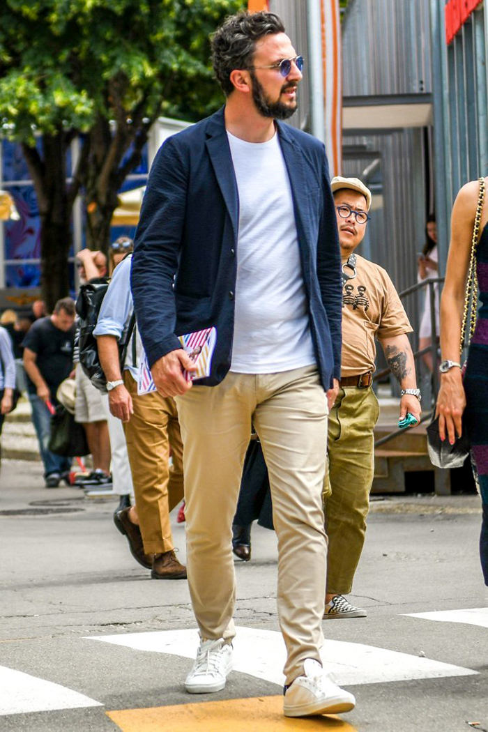 navy blazer, white t-shirt, and white sneakers