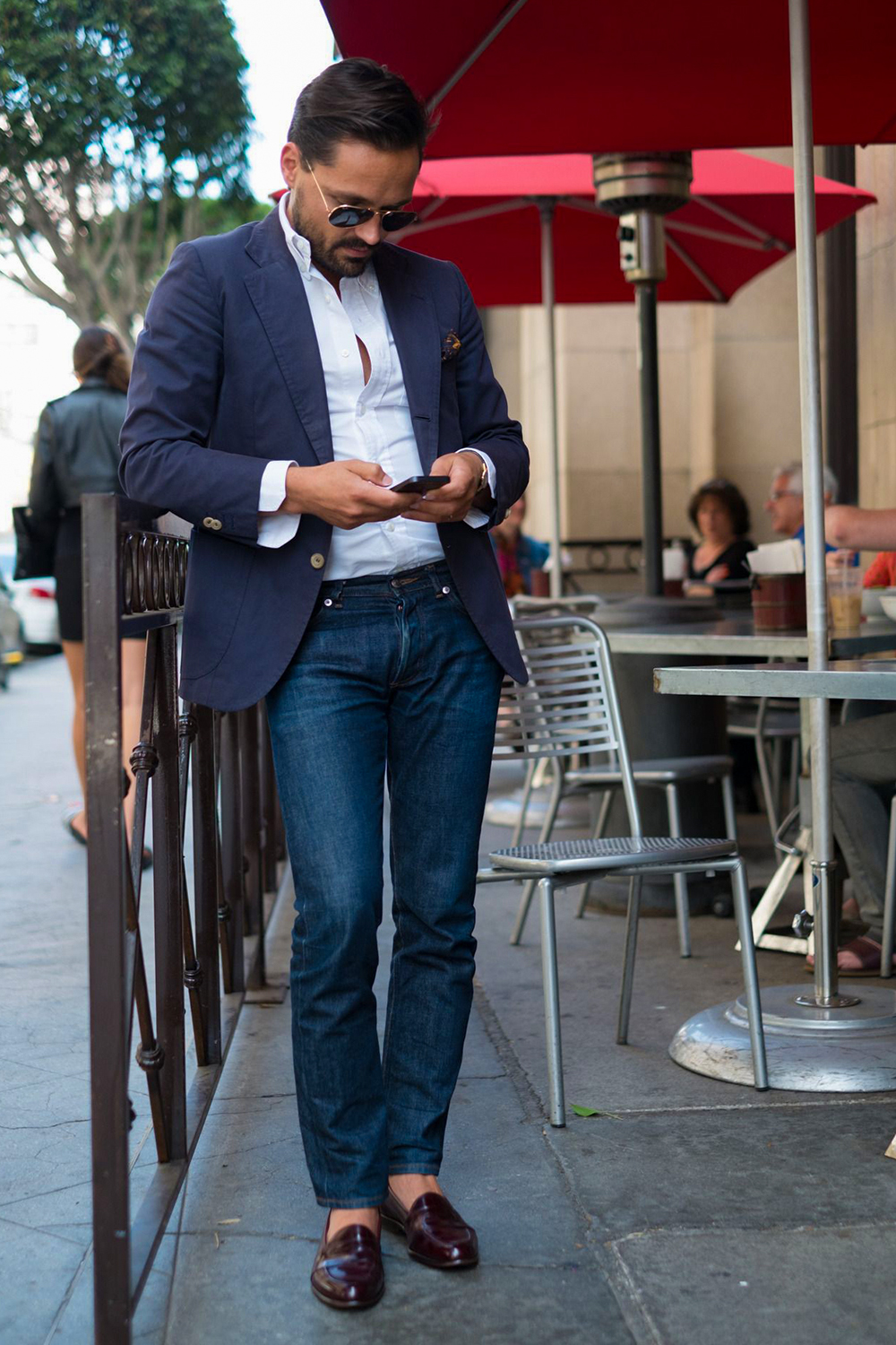 navy blue blazer, white shirt, blue jeans, and burgundy loafers