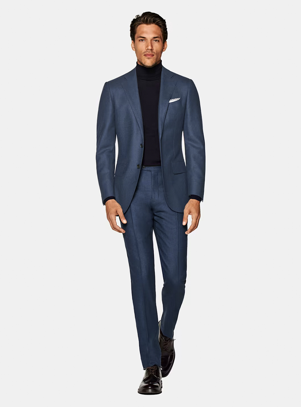 navy blue suit, black turtleneck, dark brown derby shoes