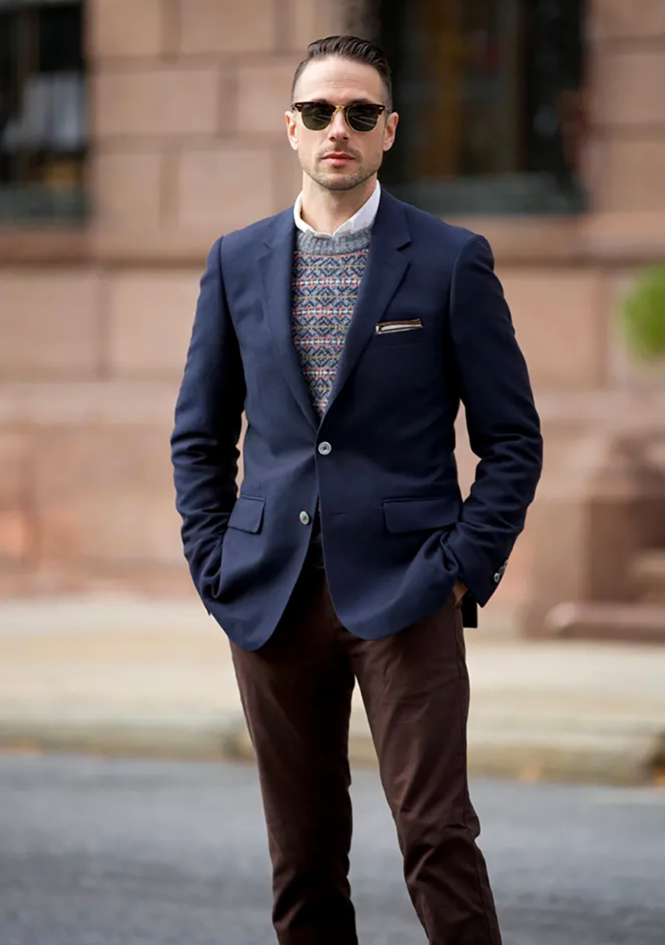 navy blue suit jacket, brown pants, and patterned crew-neck sweater