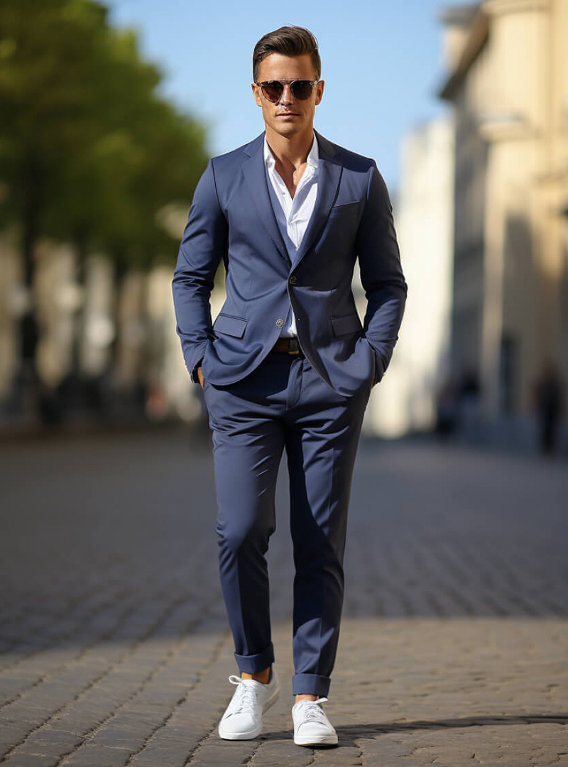 navy suit, white shirt, and white sneakers