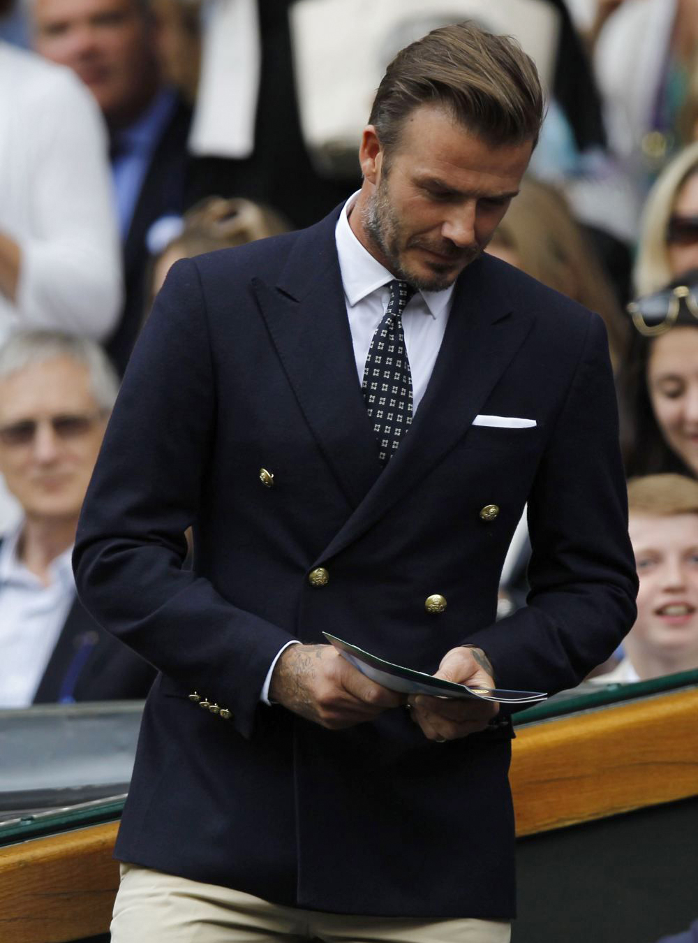 navy double-breasted blazer with black foulard tie