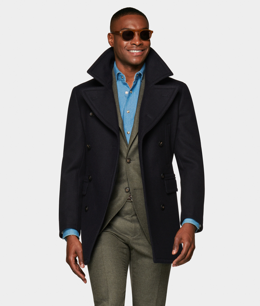 navy peacoat, olive green suit, and blue shirt