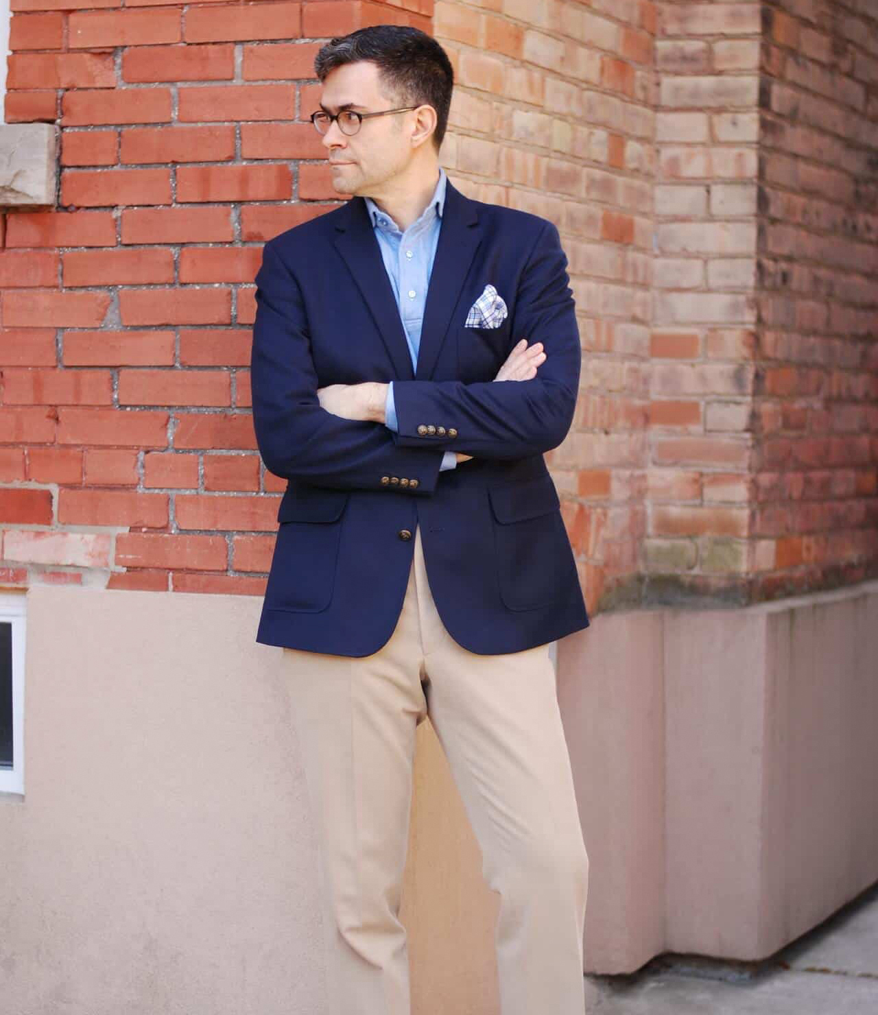 navy blazer, blue dress shirt, and tan pants for business casual