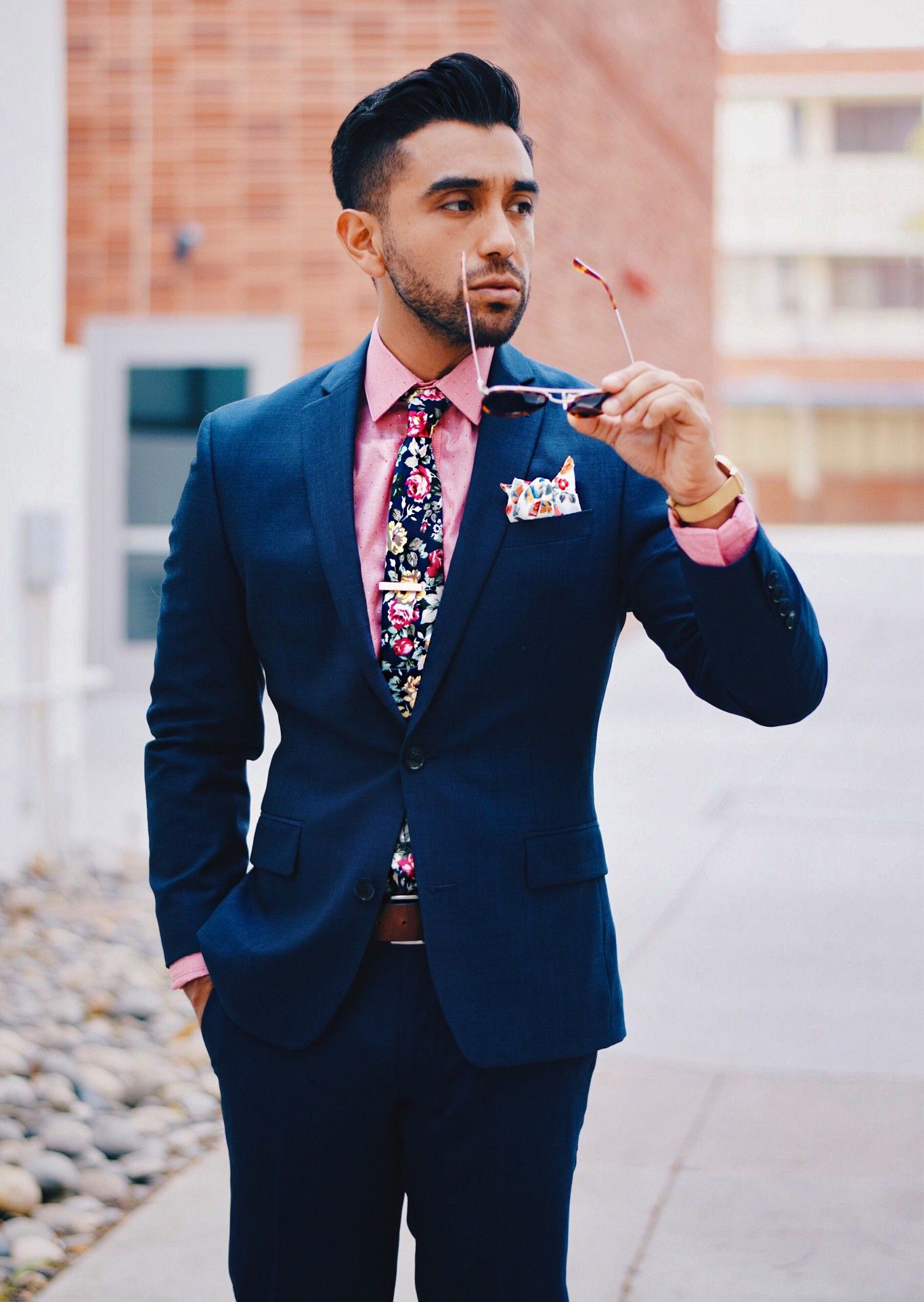 navy suit and pink shirt color combination