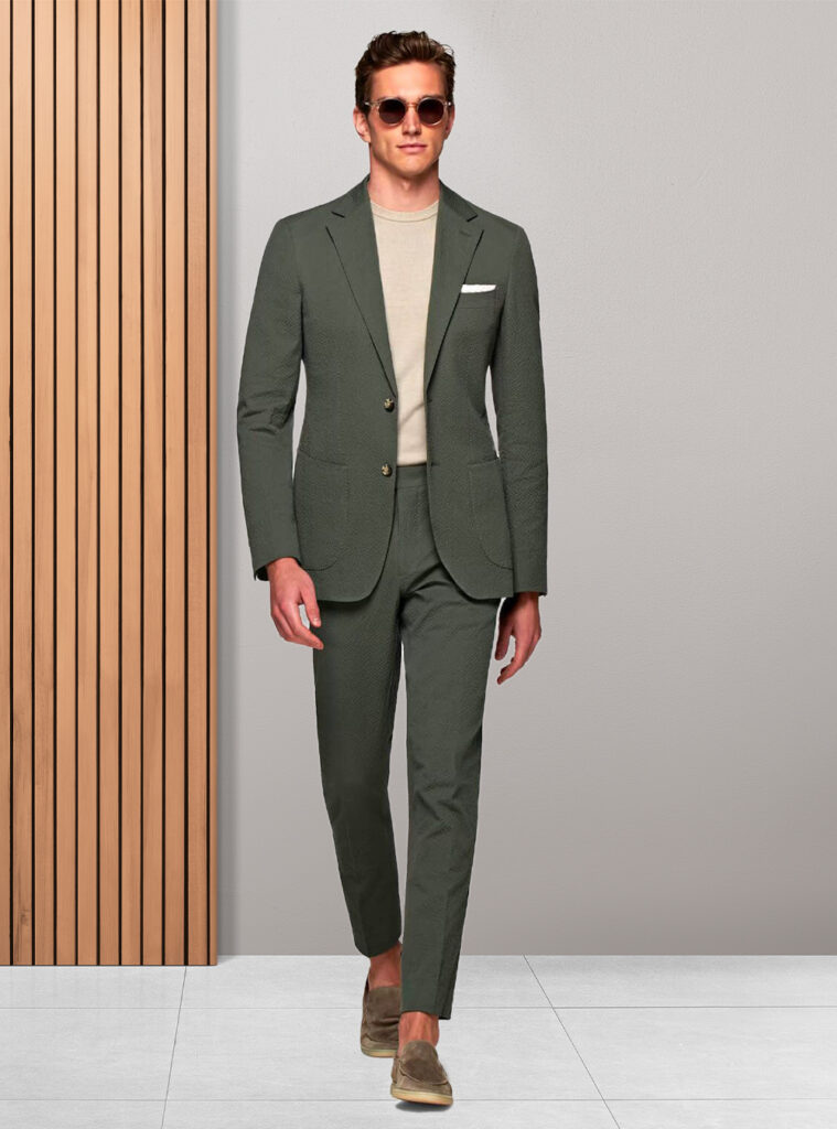 olive green suit, beige crew neck t-shirt, tan suede loafers