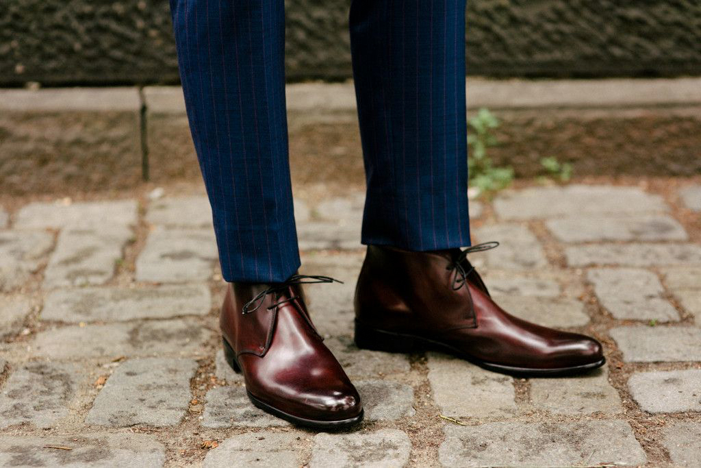burgundy shoes with navy suit pants