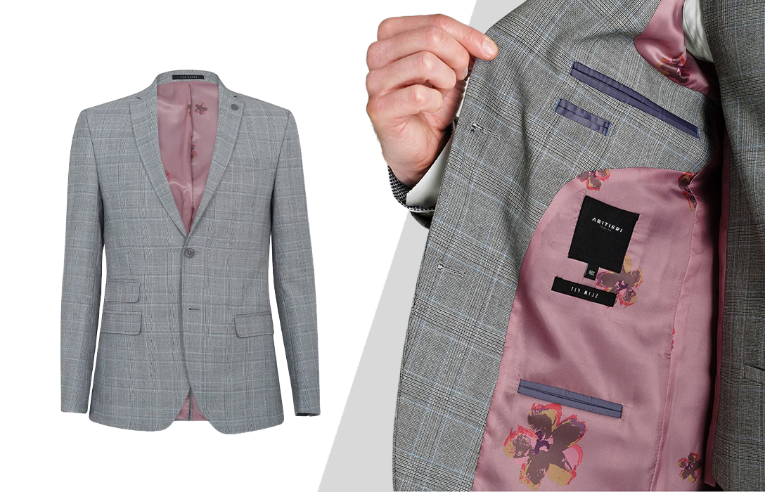 patterned pink suit jacket lining and light grey outer fabric