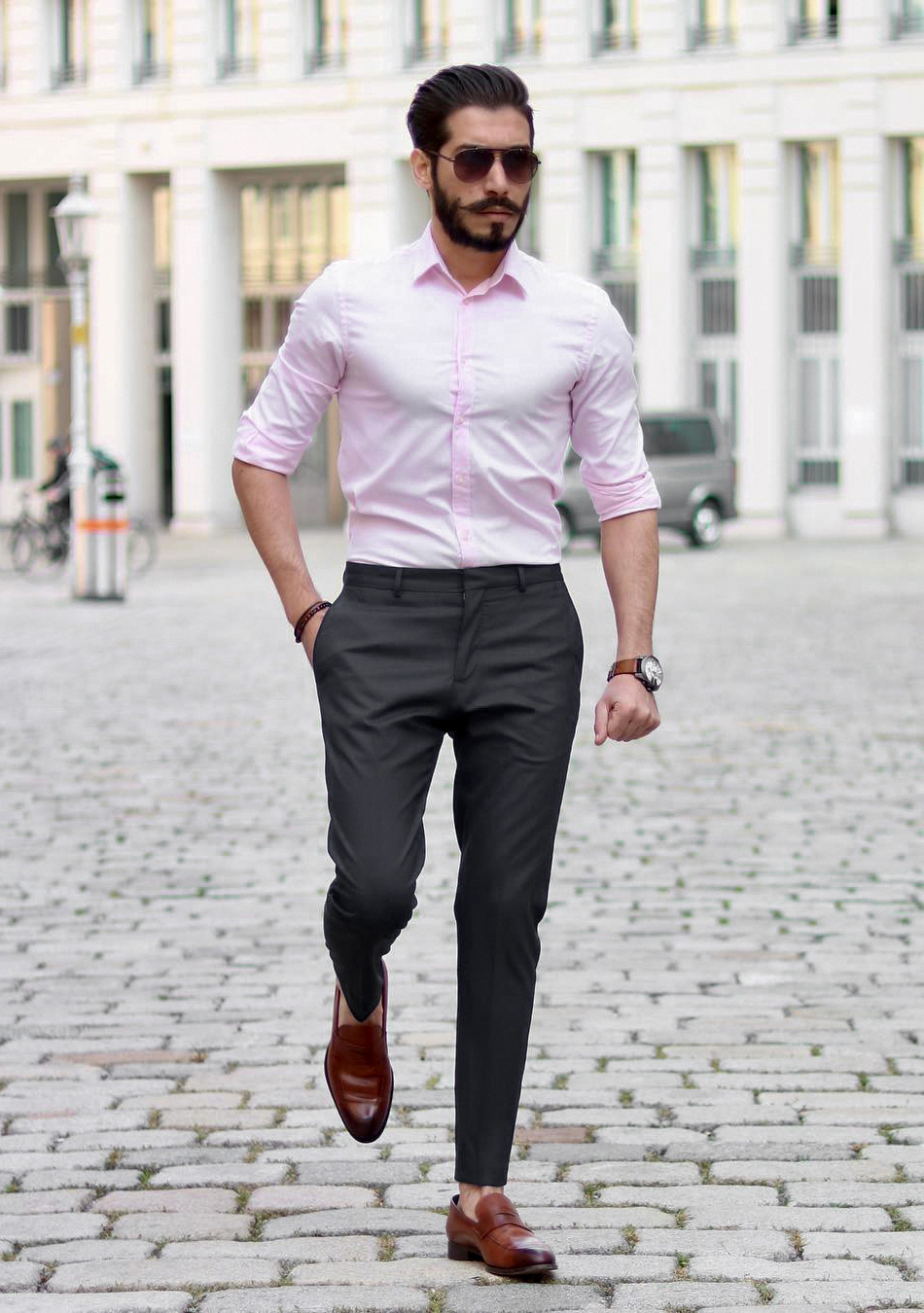 pink dress shirt with black pants and brown shoes