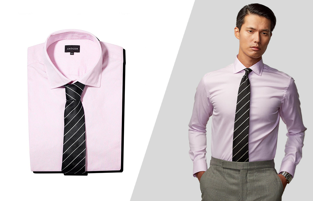 pink shirt and a black tie