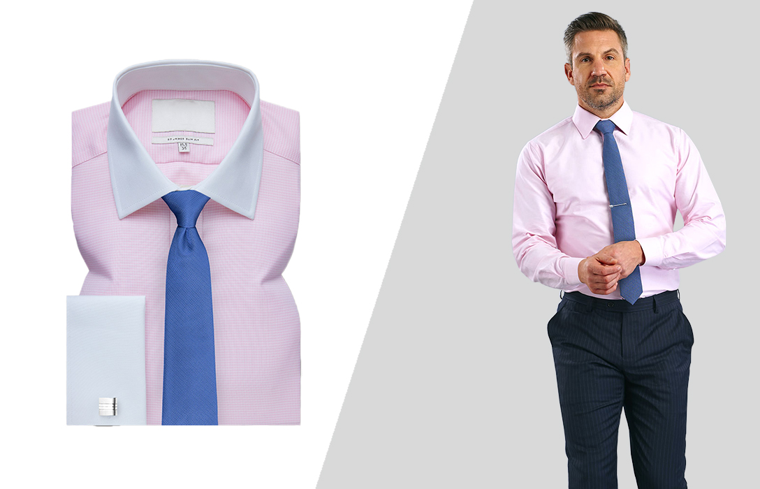 pink shirt and a blue tie