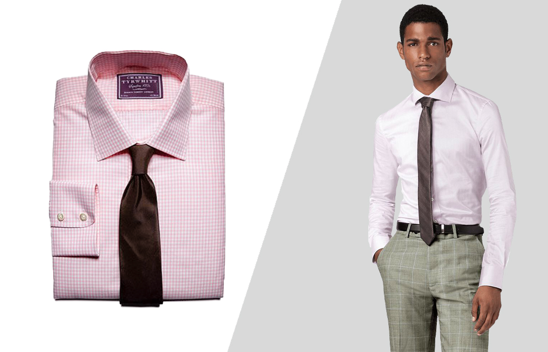 pink shirt and a brown tie