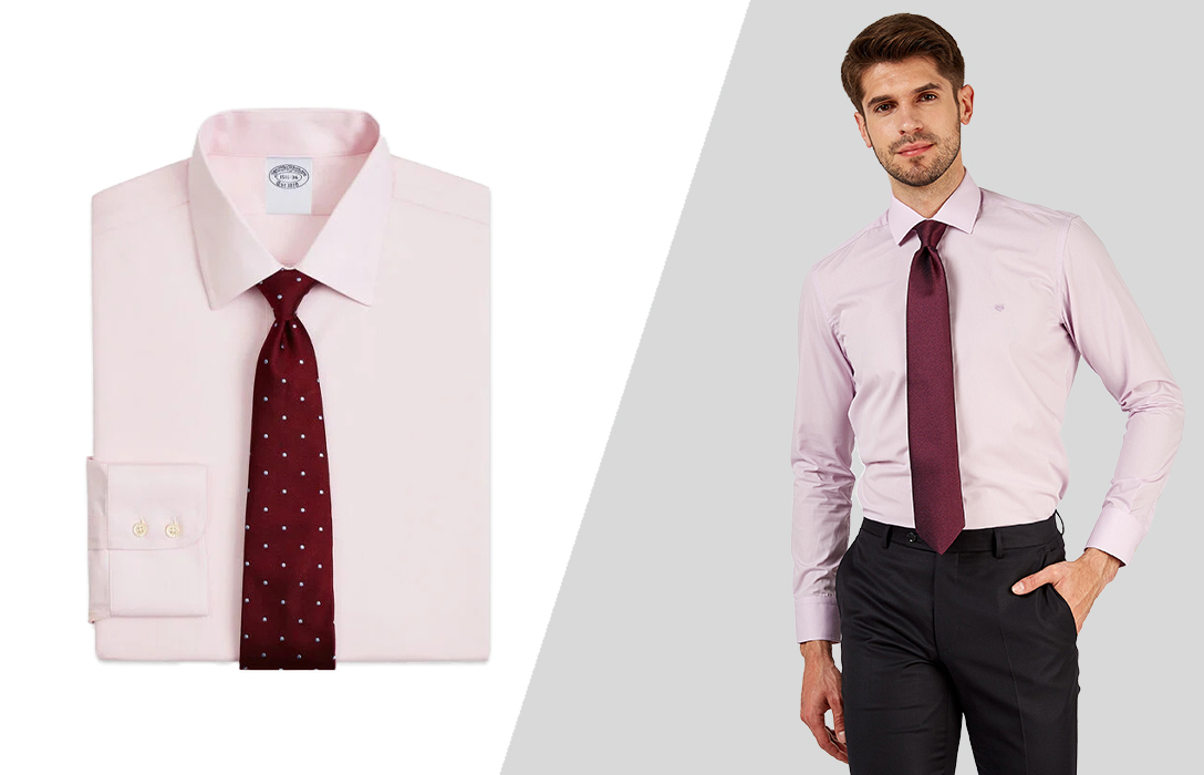 pink shirt and a burgundy tie
