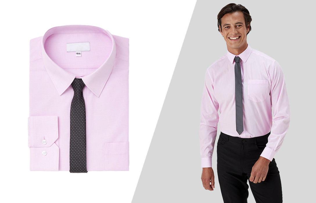 pink shirt and a charcoal tie