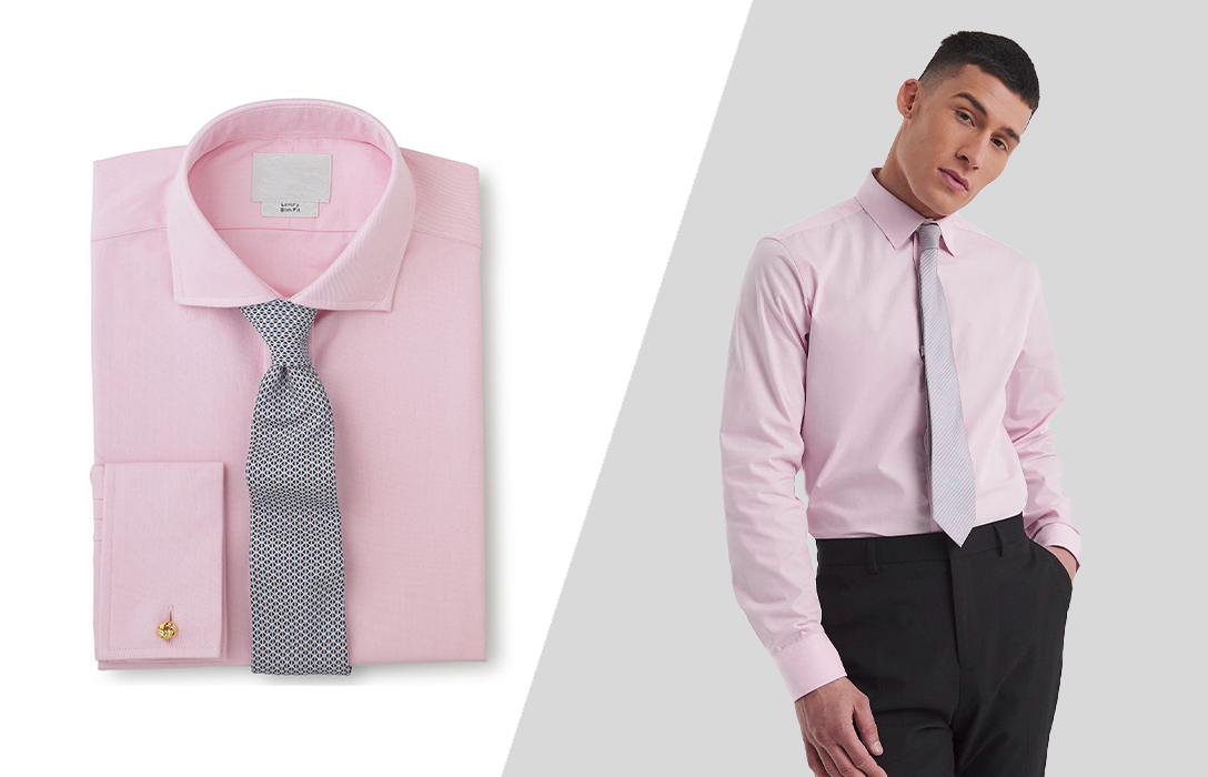 pink shirt and a grey tie