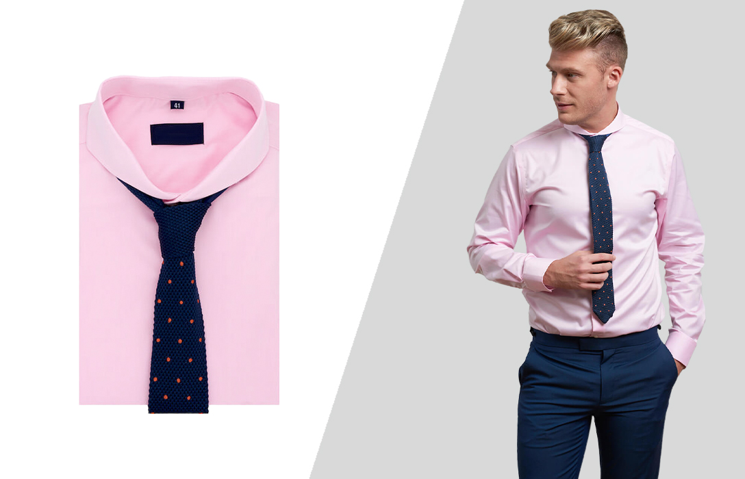 pink shirt and a navy tie