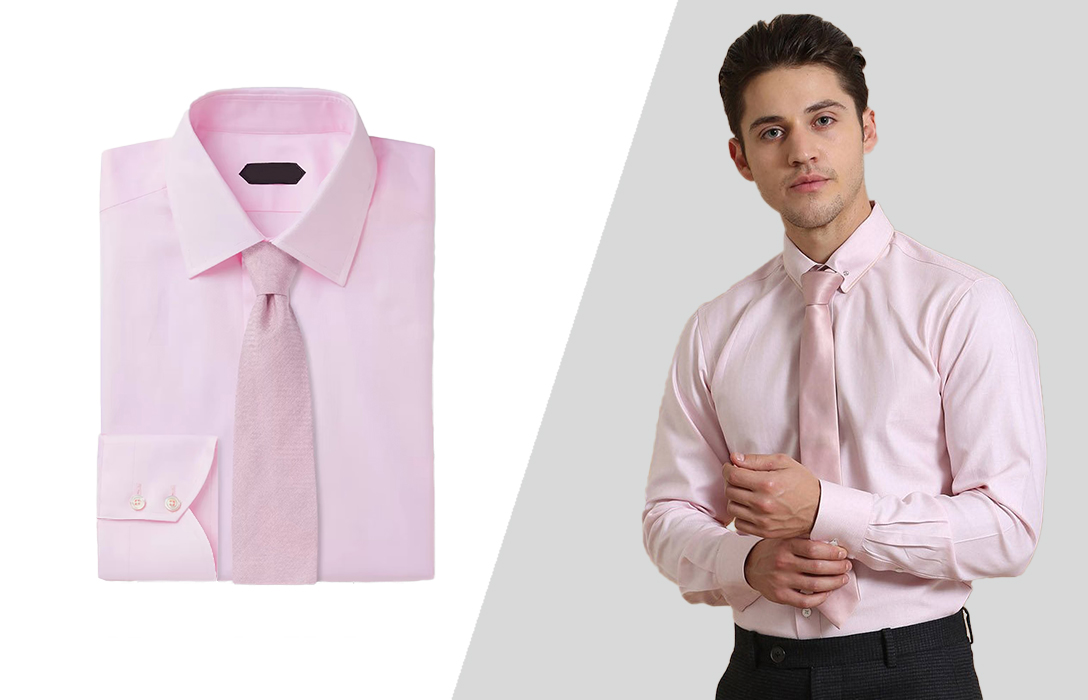 pink shirt and a pale pink tie