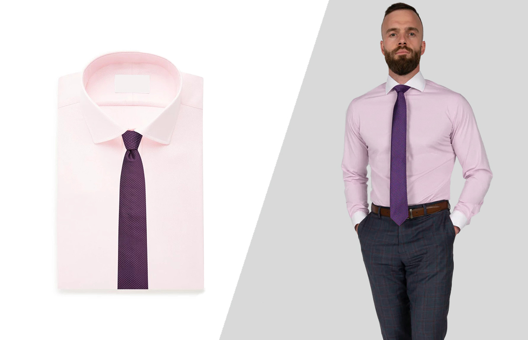 pink shirt and a purple tie