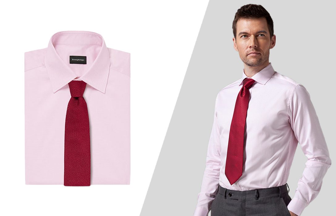 pink shirt and a red tie