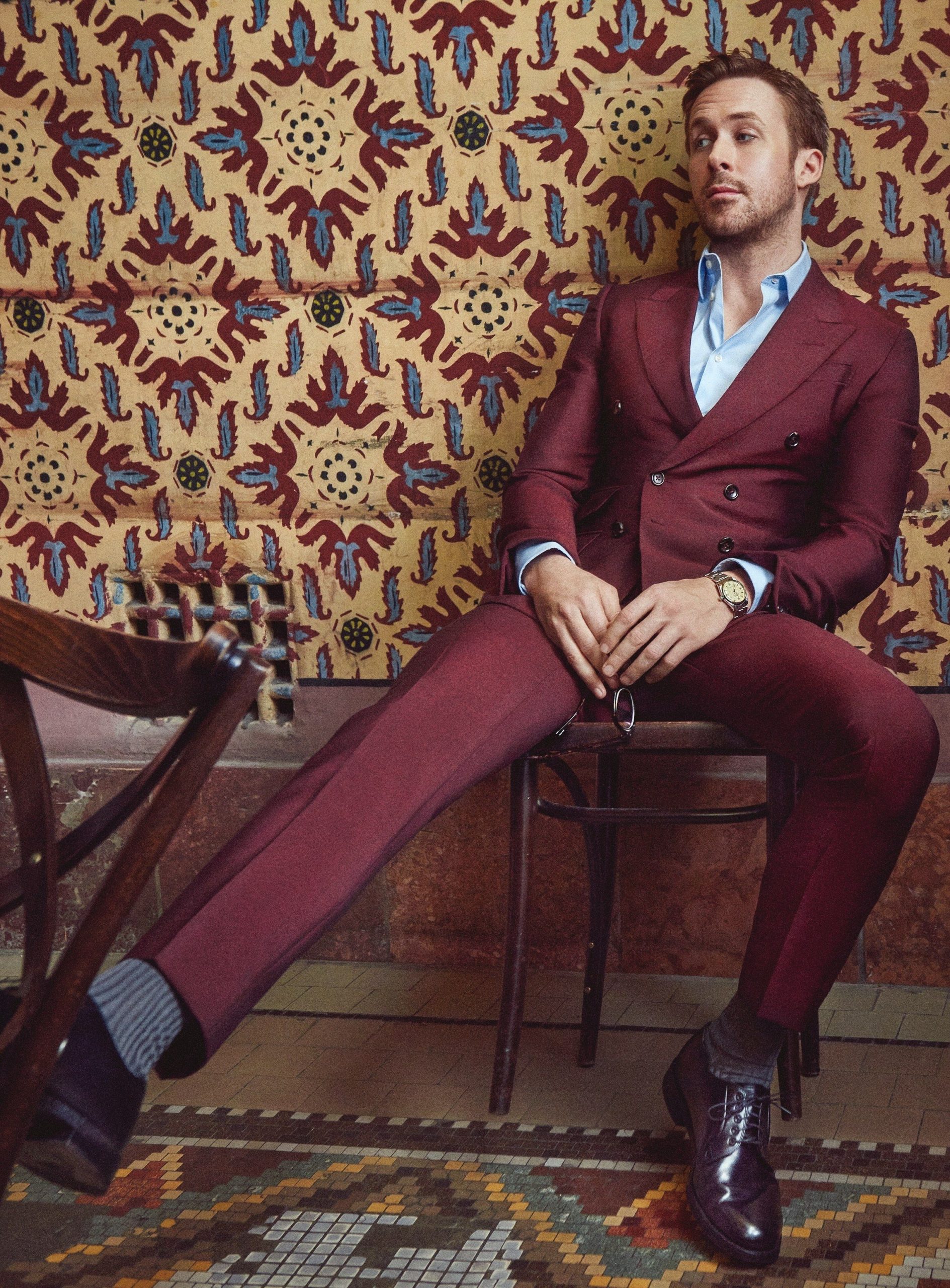 Burgundy suit & pale blue shirt color combination