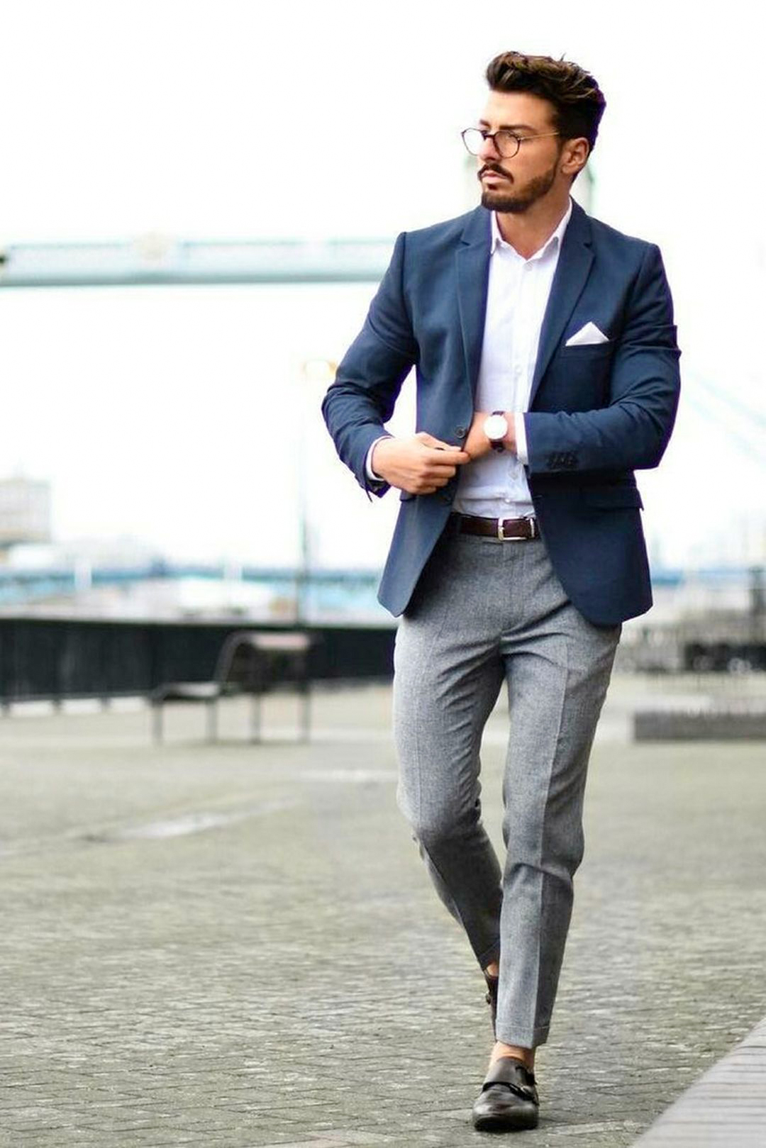 navy blazer and grey pants