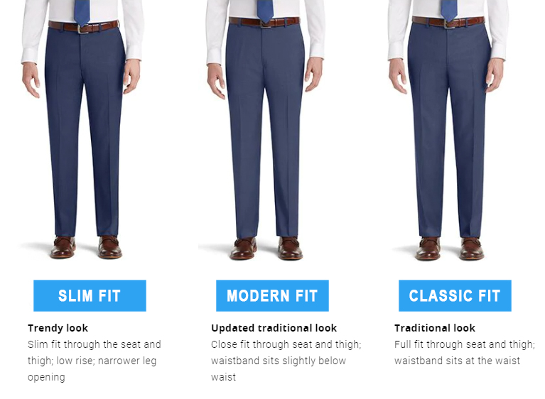 slim fit vs. modern vs. classic fit suit pants