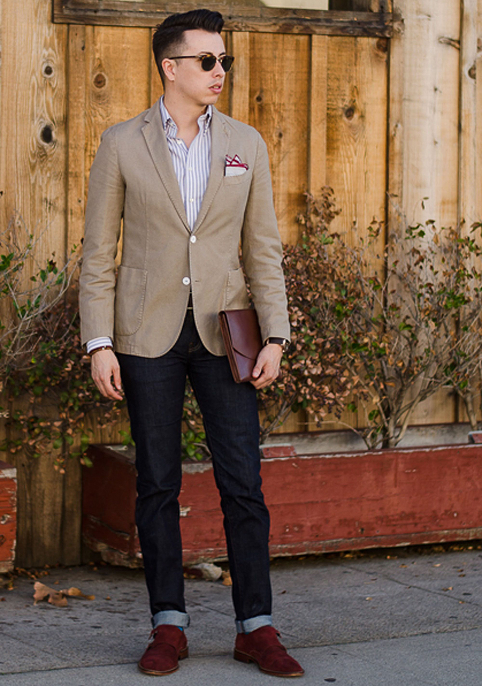 brown suede monk straps with a tan blazer