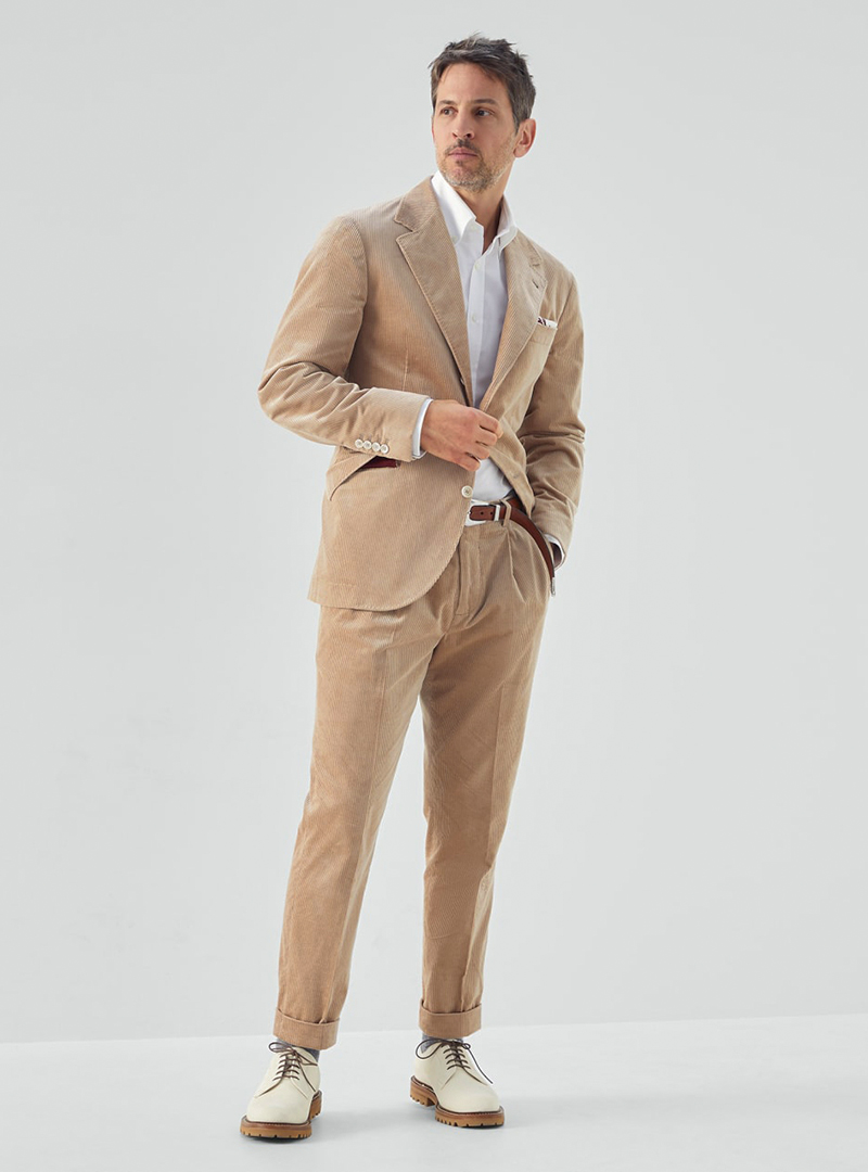 Tan suit, white dress shirt and beige derby shoes