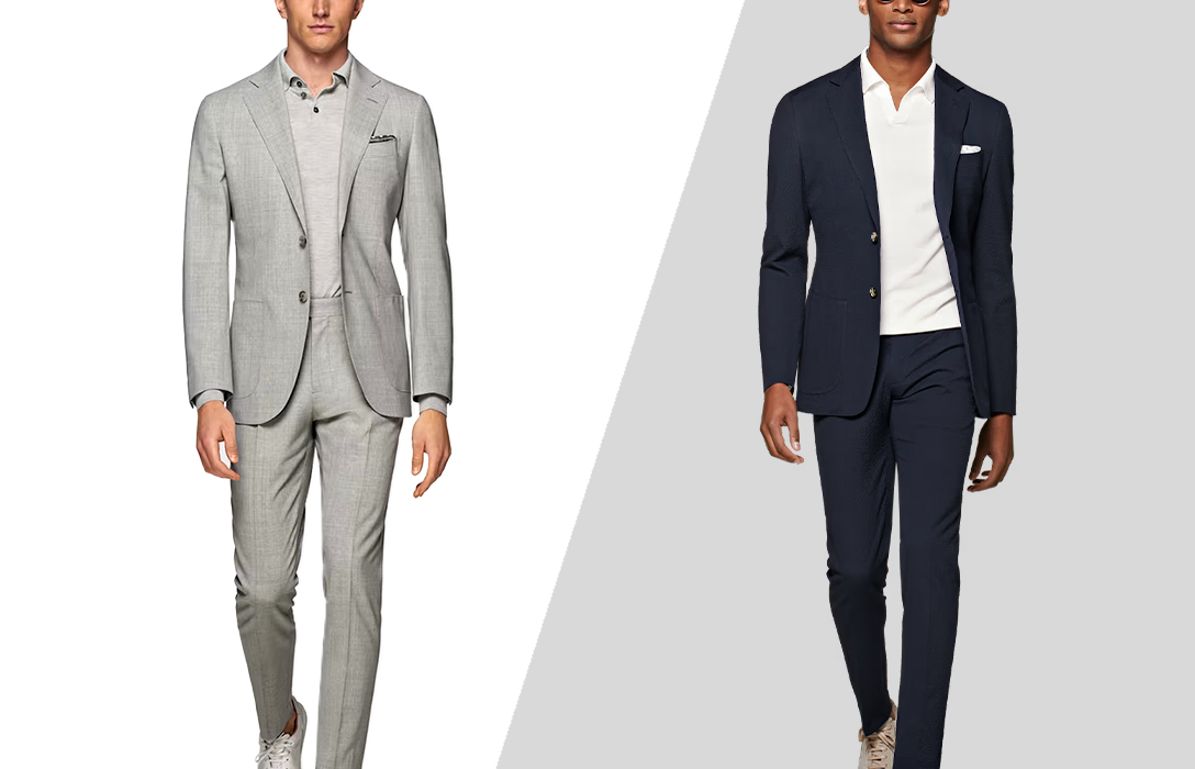 tucked-in vs. untucked polo shirt with suit