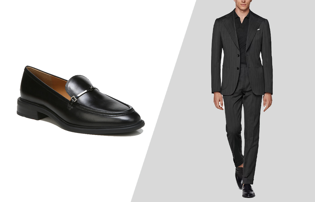 black loafers with a casual charcoal suit