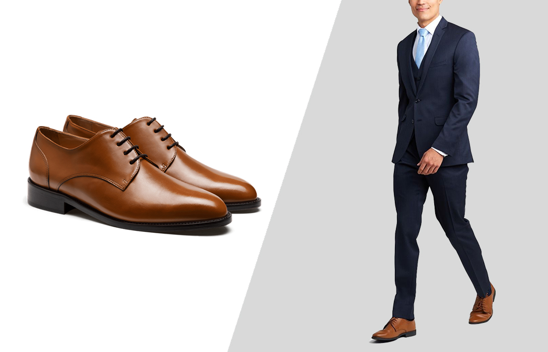 wear brown derby shoes with a navy suit